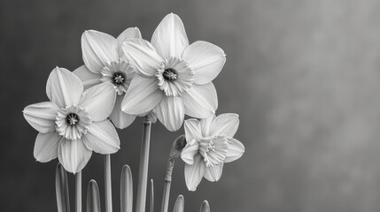 Naklejka na ściany i meble a black and white photo of a bunch of daffodils in a vase with sticks sticking out of the bottom of the vase and a black and white background.