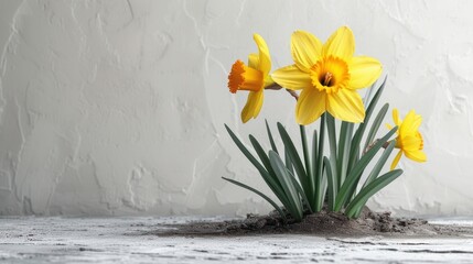  a group of yellow daffodils growing out of a pile of dirt in front of a white wall with a planter in the middle of the ground.