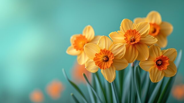  a bunch of yellow daffodils are in a vase on a blue and green background with a blurry image of the flowers in the middle of the picture.