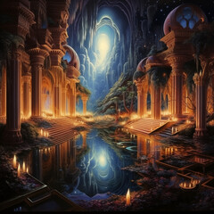 ancient secret city, night view, painting