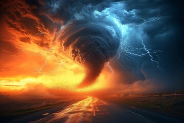 A raging tornado wreaks havoc on a dark and ominous night, as clouds swirl and lightning strikes in the background, while a lone road stretches into the unknown wilderness
