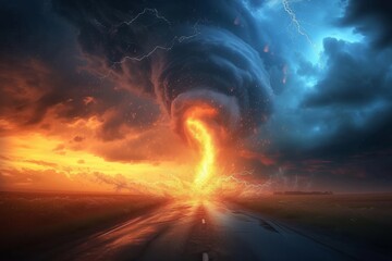 A massive tornado roars down a desolate road, its dark cloud swirling ominously against the fiery sky, a destructive force of nature colliding with the vastness of outer space