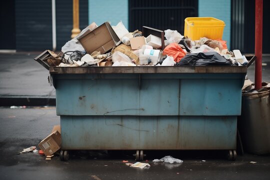 pile of mixed waste in metal dumpsters on urban street