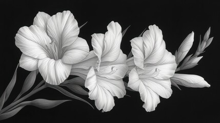  a black and white photo of three flowers on a black background, with one flower in the center of the picture and the second flower in the middle of the picture.
