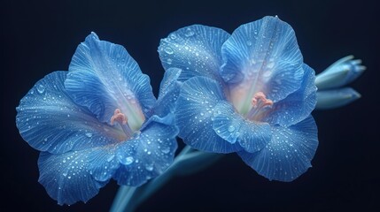  a close up of two blue flowers with drops of water on them, on a black background, with one flower bud still attached to the center of the flower.