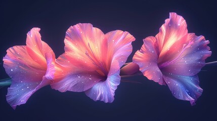 a close up of two pink flowers with water droplets on them on a black background with a blue background and a pink flower with water droplets on it's petals.