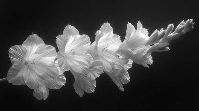  a group of white flowers sitting on top of a black table next to a vase of flowers in front of a black background with a single flower in the middle of the middle.