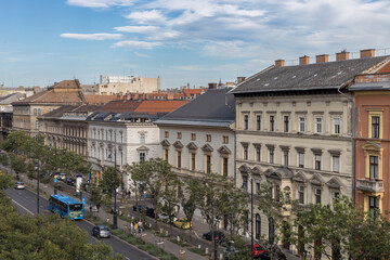 Looking down Andrassy boulevard with gorgeous vintage buildings in urban Budapest