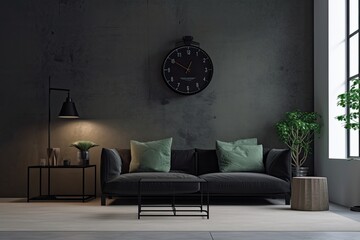 living room black sofa with copy space,