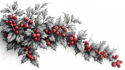  a drawing of holly with red berries and green leaves on a white background with a place for the text on the left side of the image is a black and white background.