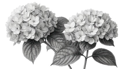  a black and white photo of a bunch of flowers on a branch with leaves on the stem and on the stem, on a white background with a black and white background. - obrazy, fototapety, plakaty