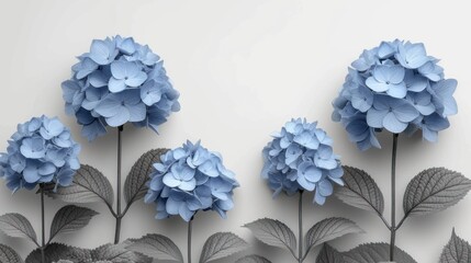  a group of blue flowers sitting on top of a white wall next to a green leafy plant in front of a white wall with a white wall behind it.