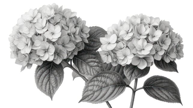  a black and white photo of a bunch of flowers on a branch with leaves on the stem and on the stem, on a white background with a black and white background.