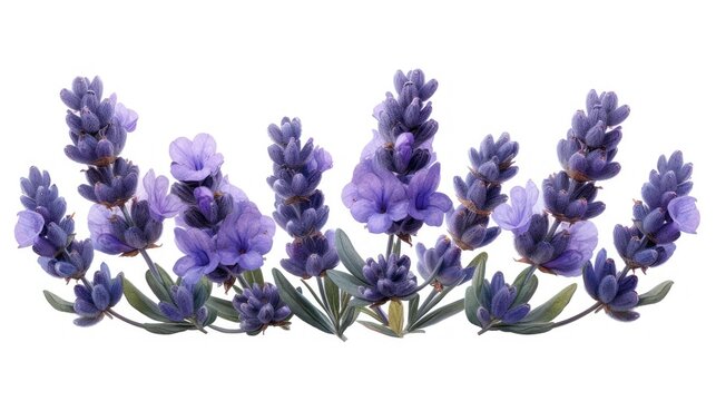  a close up of a bunch of purple flowers on a white background with a green leafy stem in the center of the picture, and a few purple flowers in the middle of the foreground.