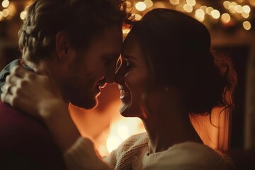 A couple's intimate moment of love and connection is captured as they touch noses in a passionate kiss, dressed in their wedding attire, symbolizing the start of their journey together