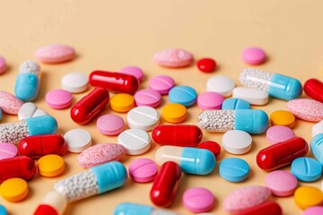 An array of colorful pills and capsules, resembling a sweet confectionery display, representing the diverse and complex world of pharmaceutical drugs and their impact on healthcare