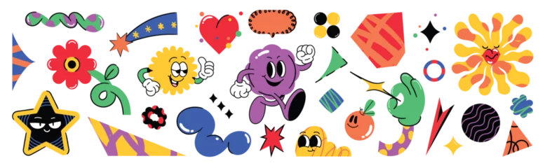 Foto op Aluminium Set of funky groovy element vector. Collection of cartoon characters, doodle smile face, flower, orange, worm, star, heart. Cute retro groovy hippie design for decorative, sticker, kids, clipart. © TWINS DESIGN STUDIO