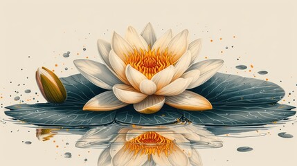  a painting of a white and yellow flower on top of a body of water with drops of water on the bottom and bottom of the petals on top of the petals.