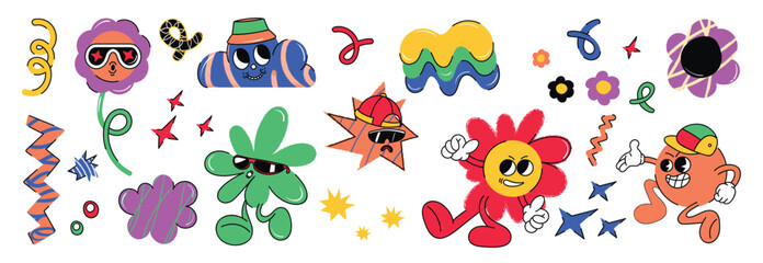 Set of funky groovy element vector. Collection of cartoon characters, doodle smile face, flower, orange, hat, sparkle. Cute retro groovy hippie design for decorative, sticker, kids, clipart. - 724745676