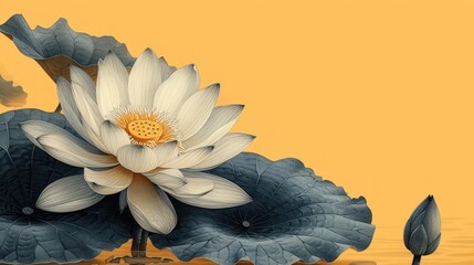  a painting of a white flower on top of a blue waterlily plant with leaves on the bottom and a yellow back ground with a yellow sky in the background.