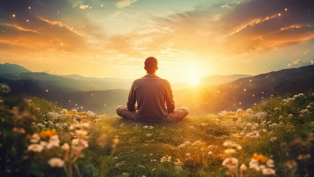 Person relax and meditate on grass field flower on sunset sky. 