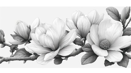  a black and white drawing of three flowers on a twig of a twig of a twig of a twig of a twig of a twig of a twig.