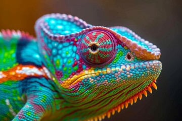 Fototapeta premium An outdoor scene featuring a vibrant iguania, its scaled reptile body adorned with a rainbow of colors, evoking wonder and awe in the observer