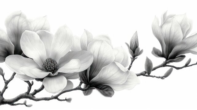  a black and white photo of a branch of a tree with three flowers on it and a budding flower in the middle of the branch, on a white background is a black and white background.