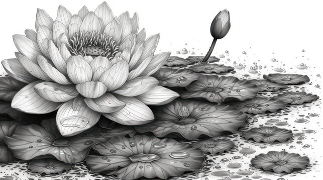  a black and white drawing of a flower in a pond of water lilies with drops of water on the bottom of the petals and on the top of the petals.