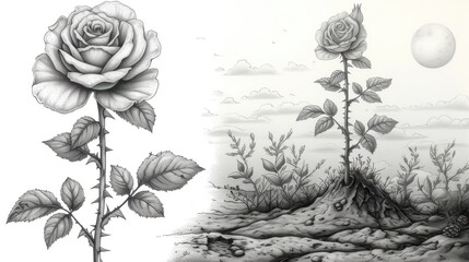  a black and white drawing of a rose next to a drawing of a tree stump with a half moon in the sky and half a half moon in the sky.