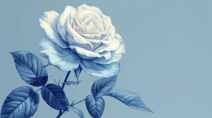  a painting of a white rose with blue leaves on a light blue background with a light blue sky in the background and a single white rose in the foreground.