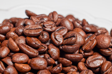 close up of roasted coffee beans, macro.