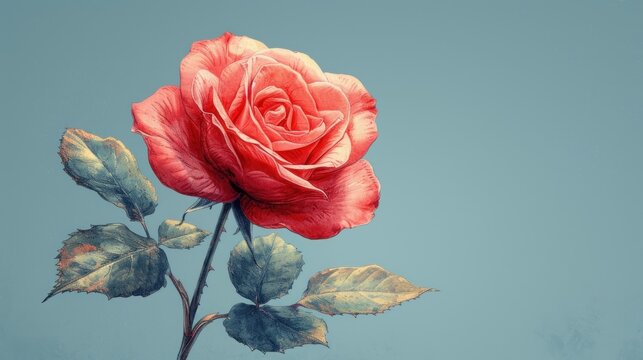  a close up of a single red rose on a stem with green leaves on a blue sky background with only one single rose in the foreground of the image.
