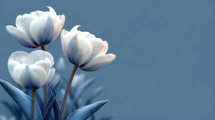  three white tulips with blue leaves on a blue and gray background with a blue sky in the back ground and a light blue sky in the back ground.