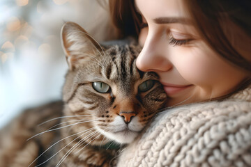 A favorite pet cat of an adult woman, in a cozy and relaxed atmosphere.