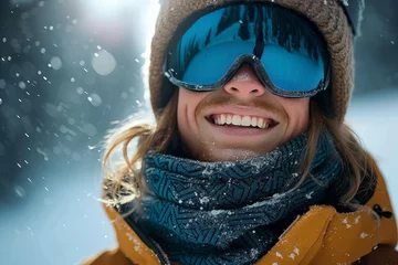 Foto op Plexiglas A beaming woman braves the freezing winter, sporting a fashionable hat and goggles as she conquers the snowy outdoors with her sunny smile © Pinklife