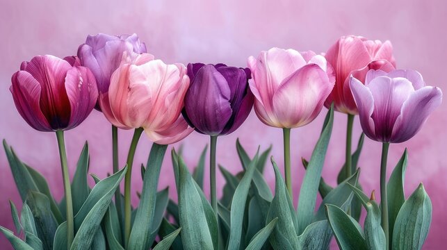  a group of pink and purple tulips with green leaves in front of a pink and pink background with a pink wall in the middle of the photo and a row of purple tulips in the foreground.