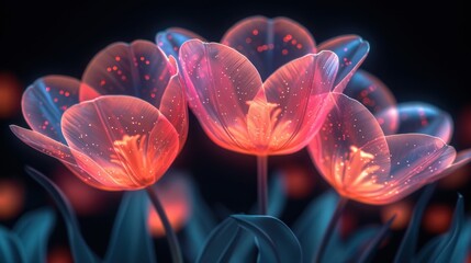  a close up of a bunch of flowers on a black background with a blurry image of a flower in the middle of the picture and a blurry background.