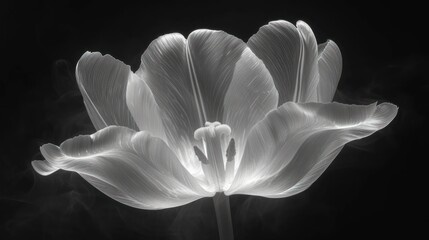  a black and white photo of a flower with smoke coming out of the middle of the petals and the center of the flower in the middle of the petals, with a black background.
