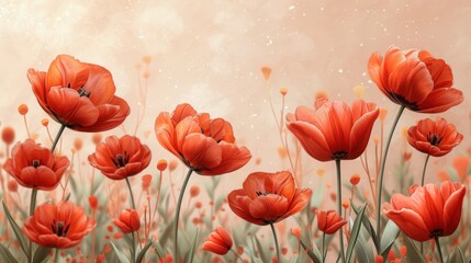  a painting of a field of red flowers with a pink sky in the background with bubbles of light coming from the top of the flowers and bottom of the petals.