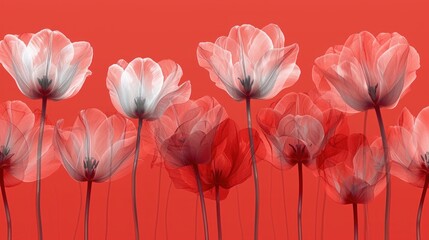  a group of red and white tulips on a red background with a red sky in the background and a red sky in the middle of the photo is a row of white tulips.