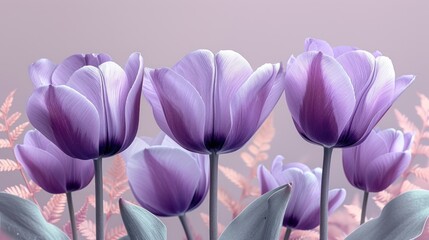  a group of purple flowers sitting next to each other on top of a bed of purple and white flowers in front of a pink sky filled with leaves and foliage.