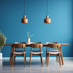 Fototapeta na wymiar Mid-century style interior design of modern dining room with a wooden table and chairs against blue wall 