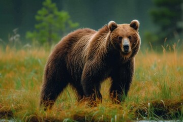 Obraz premium A majestic brown bear towers over the grassy field, showcasing the beauty of this powerful terrestrial mammal in its natural outdoor habitat