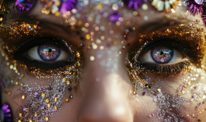golden and purple masquerade eye makeup closeup, for carnival mardi gras celebration  - obrazy, fototapety, plakaty