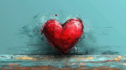  a red heart sitting on top of a wooden table next to a blue wall with a splash of paint on the top of the heart and bottom half of it.