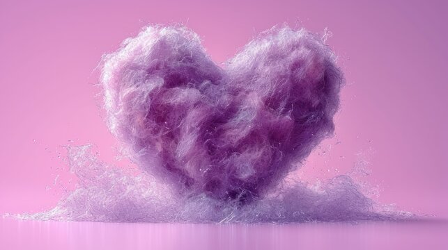  a pink and white heart shaped object in the middle of a pile of fluffy white powder on a pink background with a reflection of the object in the middle of the picture.
