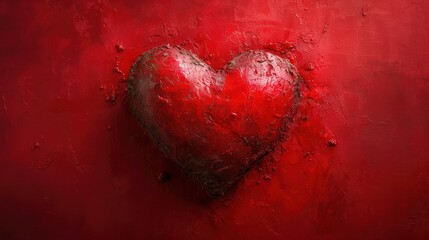  a painting of a red heart on a red wall with drops of water on the surface and a black heart on the left side of the image, and a red background.