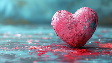  a heart - shaped piece of tin foil with the word nip painted on it sitting on a blue surface with red and pink sprinkles around it.