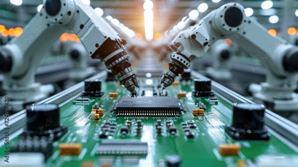 Leinwandbilder advanced high precision robot arms on fully automated assembly line inside modern electronics factor